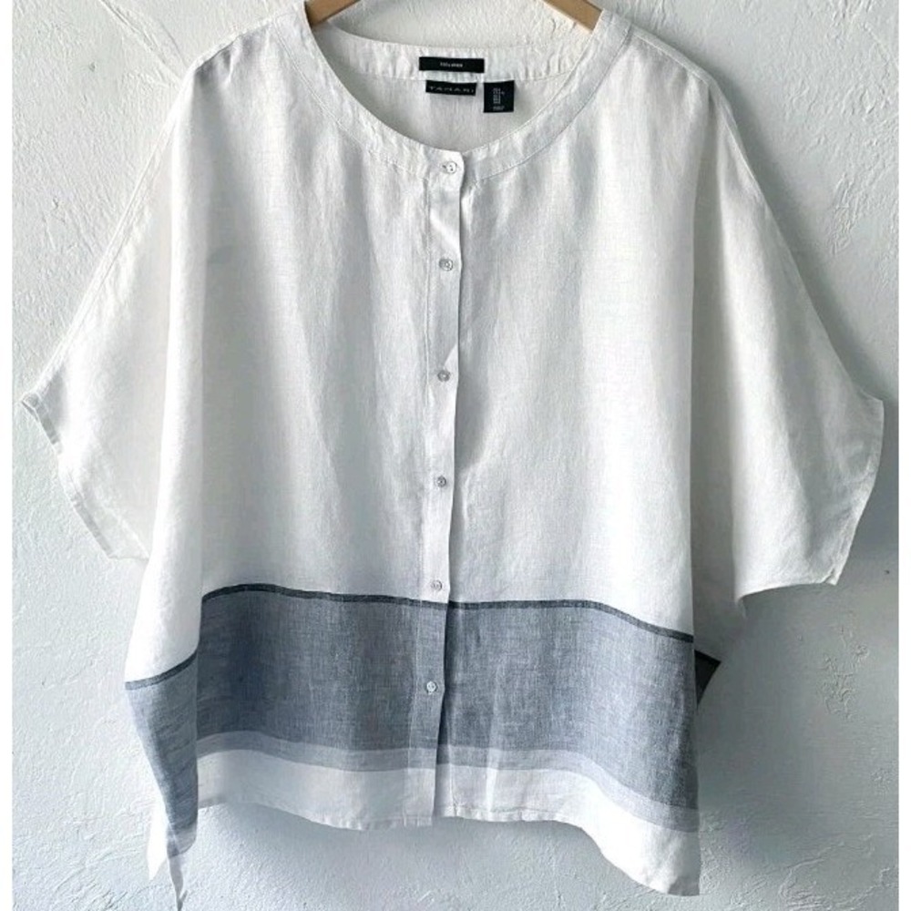Tahari 100% Linen Boxy Oversize Shirt Dolman Sleeve White Gray Minimalist Sz S